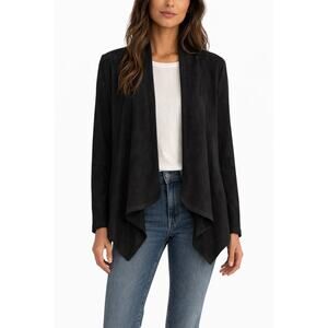 LOGO Lori Goldstein Faux Suede Open Front Jacket Black Draped Cardigan | Medium